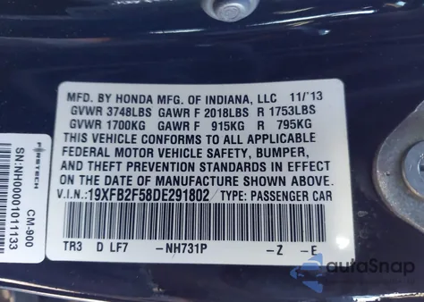 2013 Honda Civic Lx из США, поврежденный, VIN 19XFB2F58DE291802